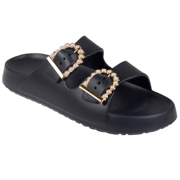 FOAMWALK Women's Double Buckle Slide Sandals, Comfortable Casual Beach Slides