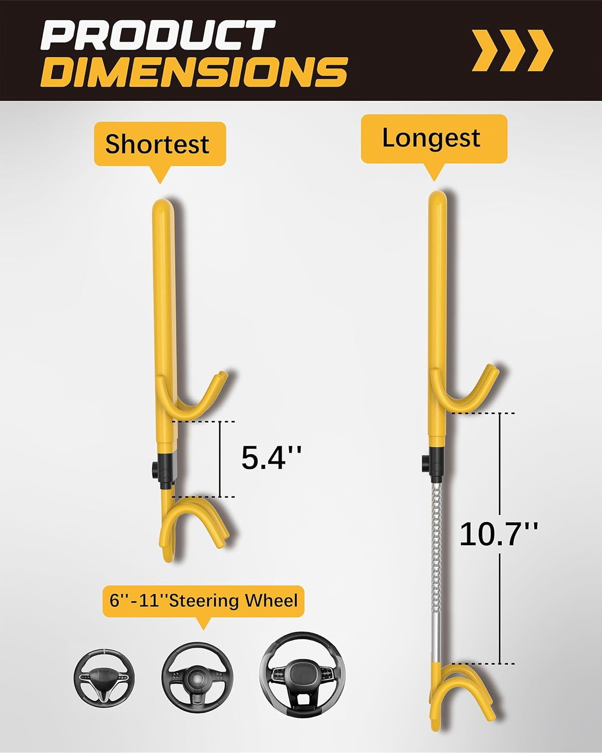 RETRUE Steering Wheel Lock – Heavy Duty Anti-Theft Car Lock with Dual Hook Adjustable Bar, High-Visibility Yellow Rubber Coating with Reinforced Steel, Fits 6–11 in Steering Wheels (Yellow