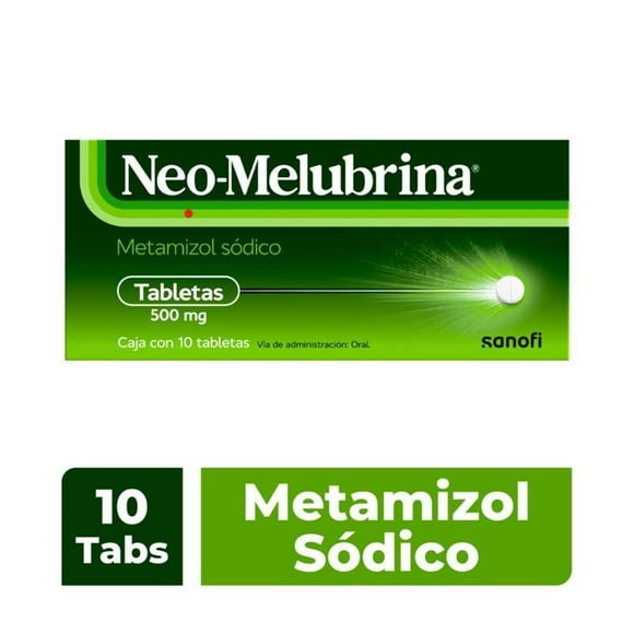 Tabletas Neo-Melubrina Dolor intenso y Fiebre 10 Tabletas de 500 mg. Fórmula con Metamizol Sódico.