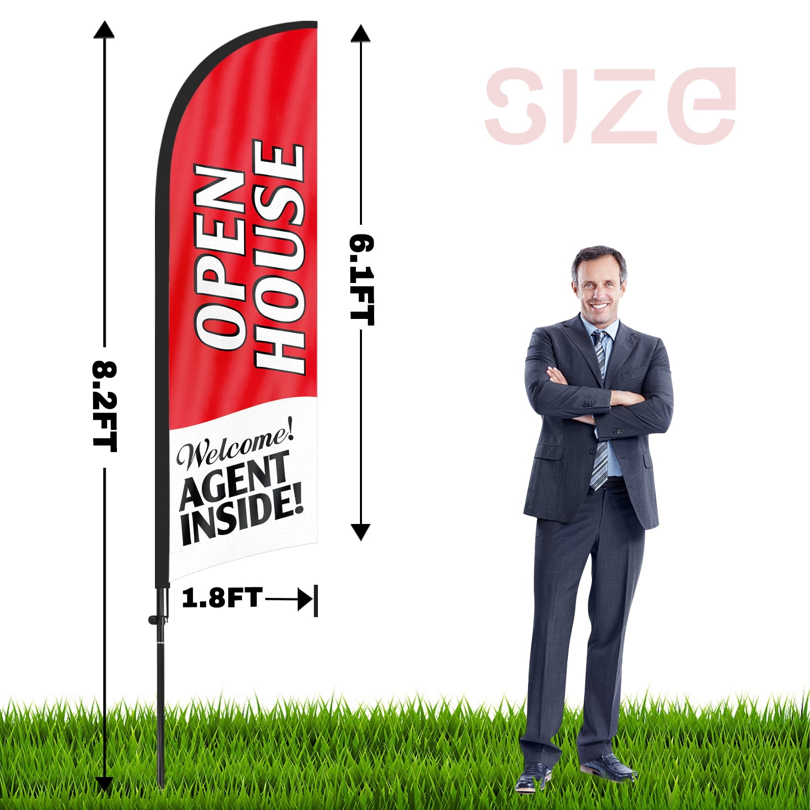 QSUM Open House Feather Flag with Flag Pole Kit and Ground Spike, 7FT Open House Windless Flag Banner Sign Business for Welcome Agent Inside Outdoor Advertising Sign Decoration Display（Red）