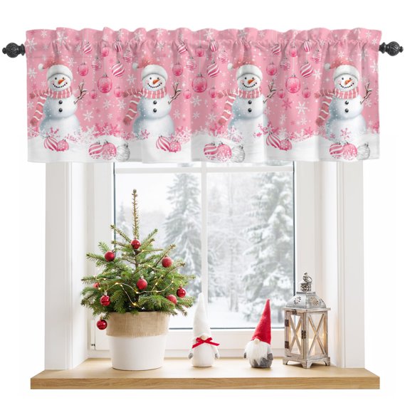 Window Valance for Kitchen, Pink Christmas Snowman Xmas Ball Rod Pocket Curtain Valances Short Curtains, Winter Snowflakes Window Treatment Topper for Living Room Bathroom Bedroom 42x12in