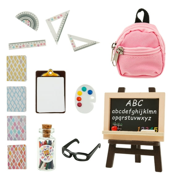34 Pcs Doll House School Supplies Mini School Accessories Dollhouse Toy Home Miniature Model DIY Doll Accessories Include Miniature Book Tiny Backpack Glasses Blackboard Clipboard Pencil Ruler