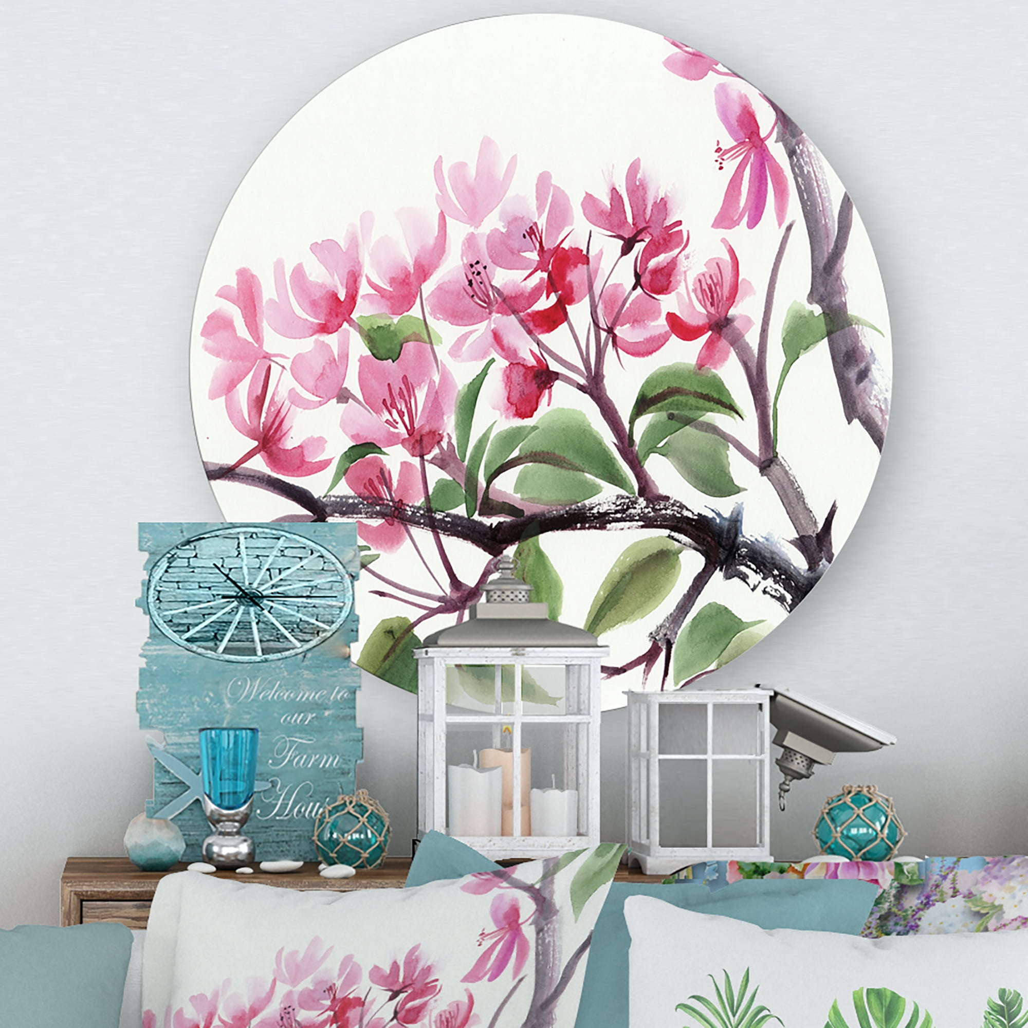 Designart 'Pink Blossoming Floral Tree' Traditional Circle Metal Wall Art 11x11 - Disc of 11