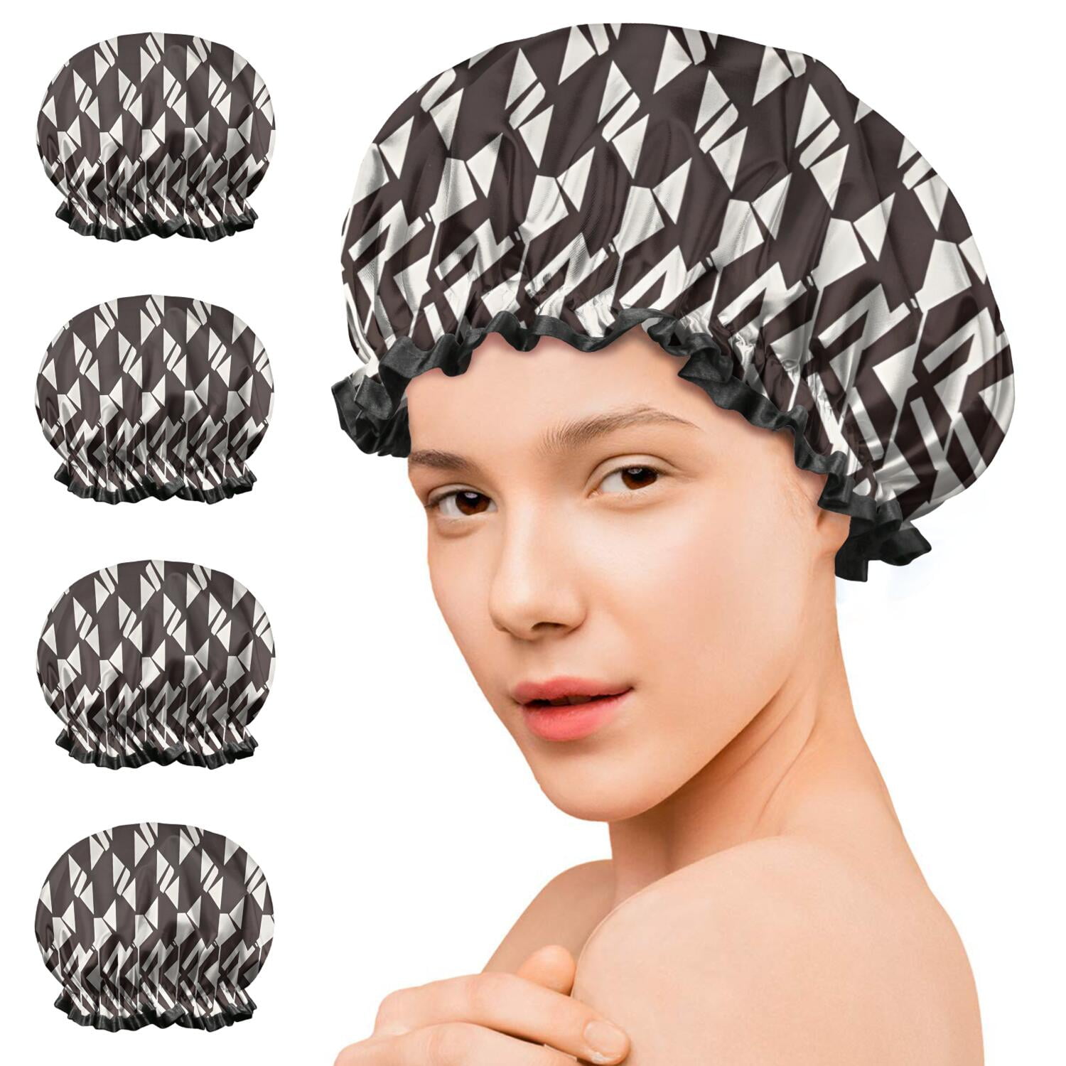 Shower Caps,Black White Geometric Pattern Waterproof Shower Cap for Women 4 Pieces,Double Reusable Hair Cover for Shower PEVA Elastic Stretch Hem