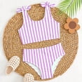 thumbnail image 4 of BOBOGOJP Girls Swimsuit 2 Piece Bathing Suits Fashion Stripe Print Bikini Tankini Swimwear Bow Strap Soft Beach Swimsuit (Purple, 5-6 Years), 4 of 6