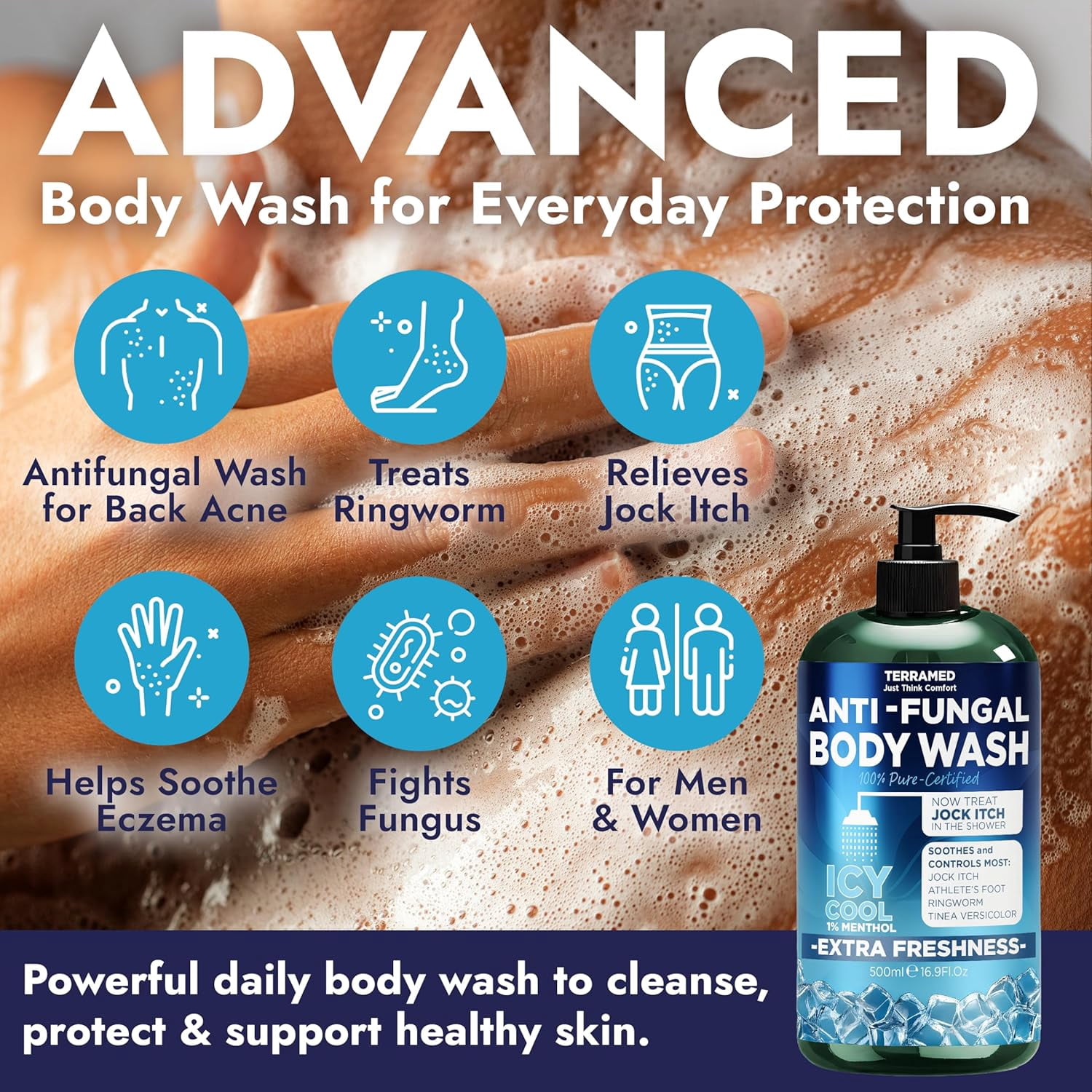 Antifungal Body Wash | Antifungal Soap with 1% Tolnaftate | Medicated Jock Itch Treatment for Ringworm & Athlete’s Foot | Cooling Effect Menthol Body Wash | Includes Scrubber 16.9 Fl oz