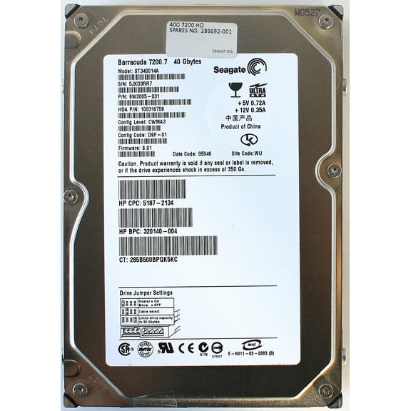 HDD, 40GB, 9W2005-399, HDA P/N 100348952, F/W 8.01,(4069A)