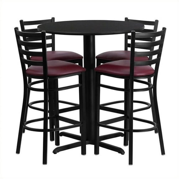 Bowery Hill 5 Piece Round Table Set in Black and Burgundy