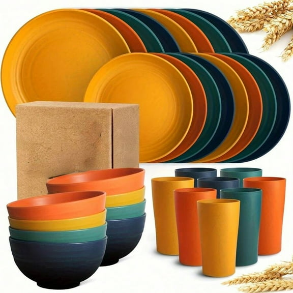 REZJSWFSMMJ 32-Piece Kitchen Plastic Wheat Straw Dinnerware Set, Service For 8, Dinner Plates, Dessert Plate, Cereal Bowls, Cups, Unbreakable Colorful Plastic Outdoor Camping Dishes