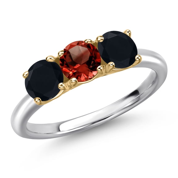 Gem Stone King 10K Two Tone Gold Red Garnet and Black Onyx Engagement Ring for Women | 1.50 Cttw | Round 5MM | Gemstone January Birthstone | Size 8
