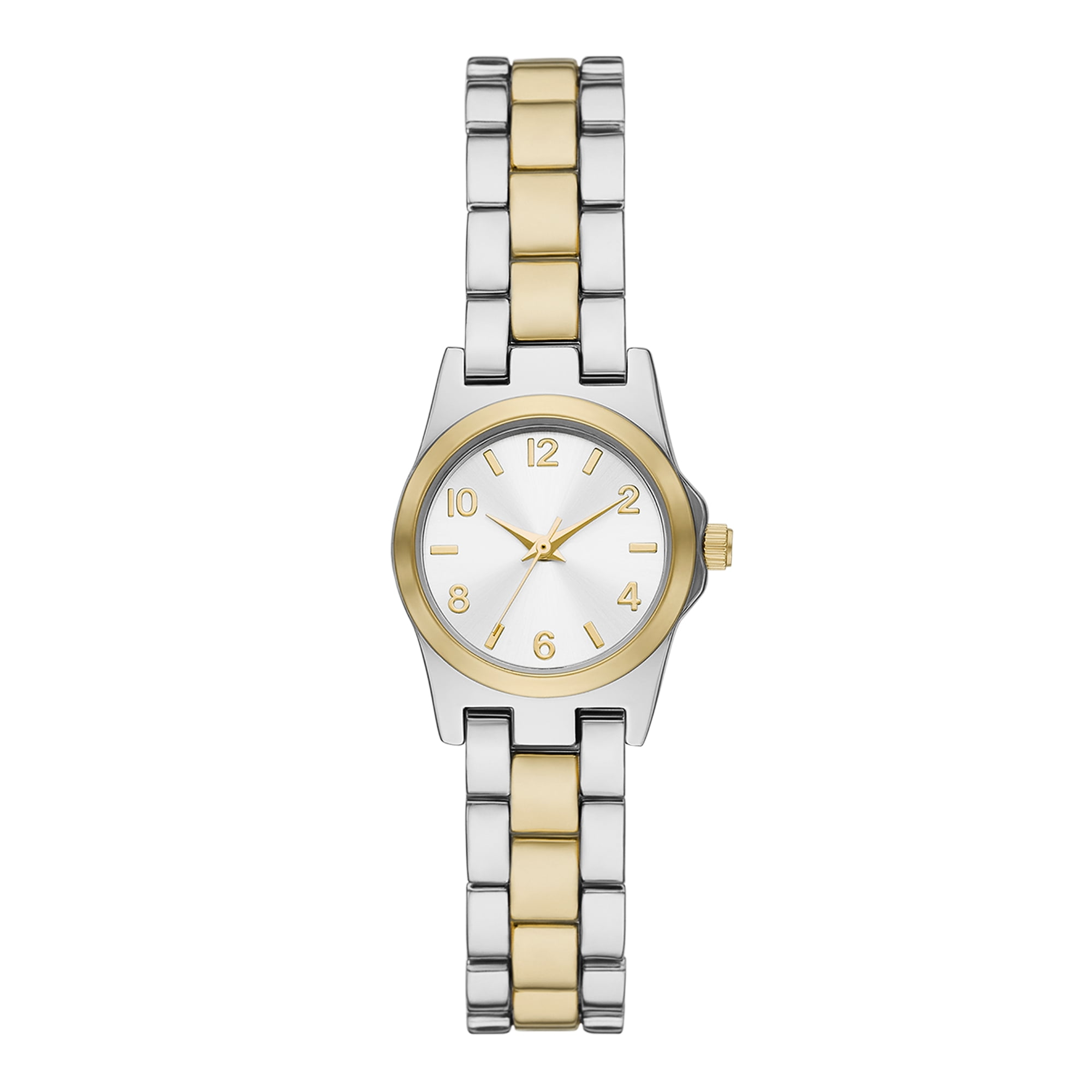 Time & Tru Women's Wristwatch: Two Tone Silver & Gold Round Mini Case and Bracelet, Gold Bezel, Silver Sunray Dial (FMDOTT105)