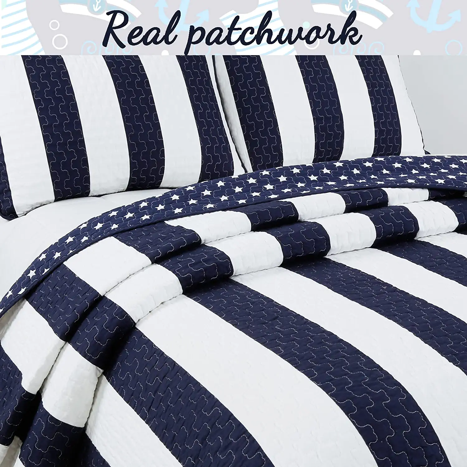Cozy Line Home Fashions Nautical Navy Blue White Sailor Star Striped Printed Pattern 2 Piece 100% Cotton Quilt Bedding Set, Twin