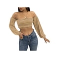 thumbnail image 3 of Women's Off Shoulder Short Tops, Long Sleeve Solid Color Ruched Crop Tops, Slim Fit Navel Tee Tops, 3 of 9