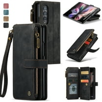 Cowithday for Samsung Galaxy Z Fold 3 Case Wallet for Women and Men, Z Fold 3 5G Case, PU Leather Flip Strap Wristlet Zipper Card Holder Wallet Business Phone Cover for Samsung Z Fold 3 5G, Black