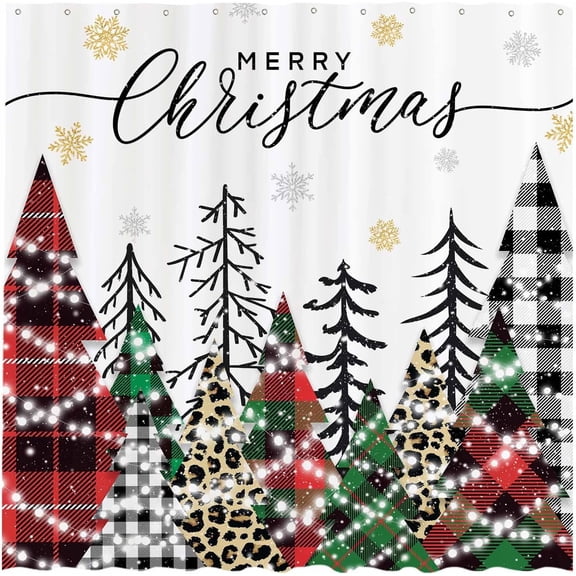 72"x72" Buffalo Check Plaid Merry Christmas Trees Winter Xmas Snowflakes Farmhouse Home Bath Bathtub Shower Curtain for Bathroom Decor Machine Washable (Hooks Not Included)