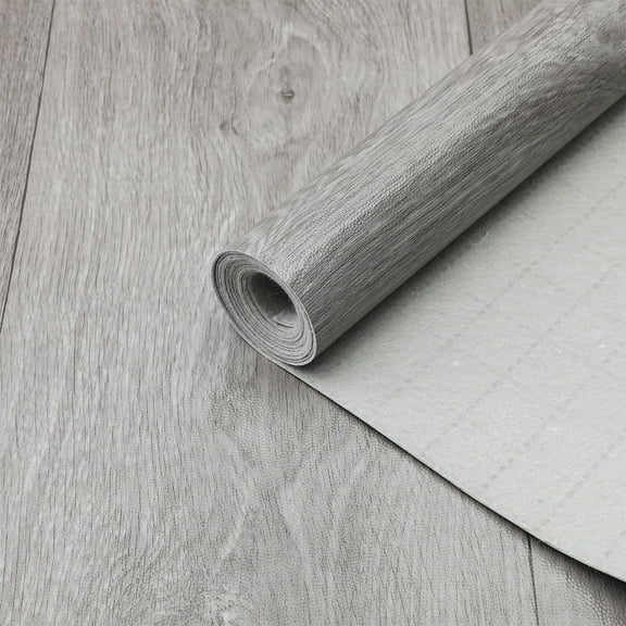 WRISTBIQUE Vinyl Plank Flooring Roll Grey Wood Grain Floor Covering with Anti Slip Surface
