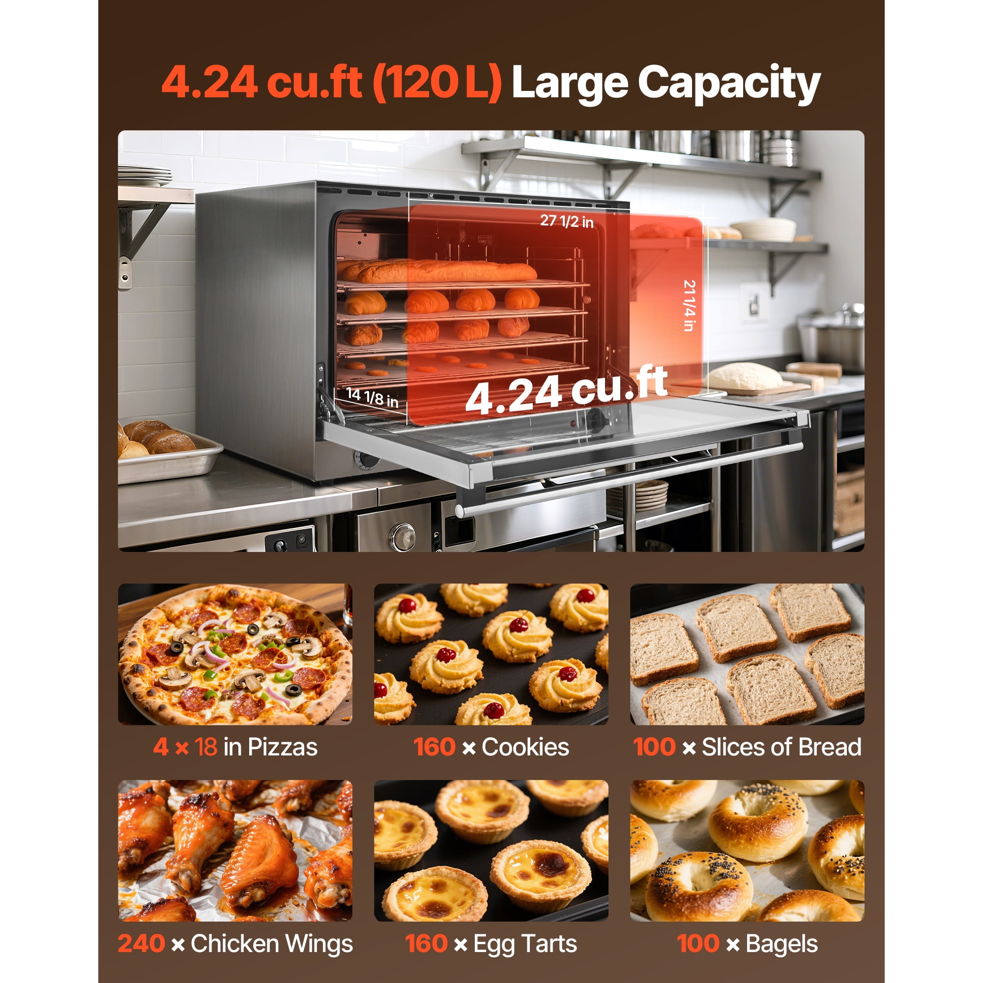 KFFKFF Commercial Countertop Convection Oven, 4.24 cu.ft Capacity for Full-Size Pans, Electric Oven with 4 Racks, 360° Air Circulation, Ideal for Bakeries, Restaurants, and Pizza Shops