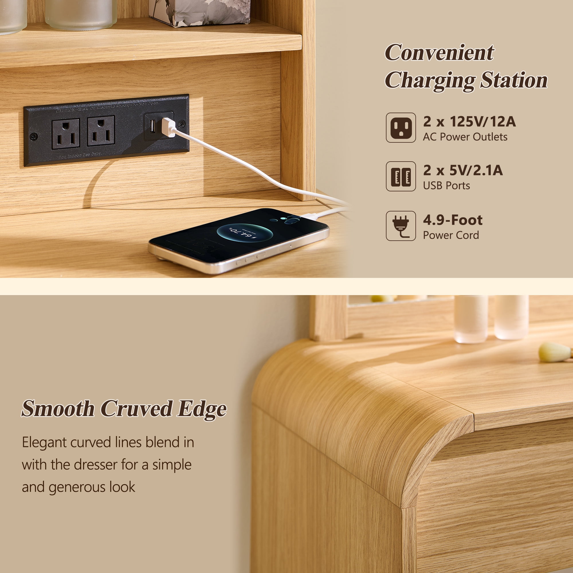 wow97e Modern Vanity Desk with Touch Screen LED Mirror, 55" Big Make Up Table with 5 Drawers , Wood Dressing Tablew/3 Color Available, Charging Station
