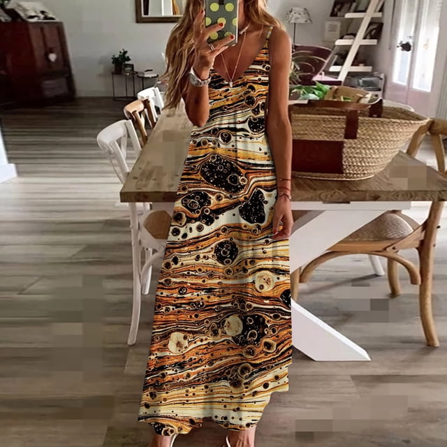 SMihono Robe Maxi Bohème d'Été pour Femmes Grande Taille Mode Femme Bretelles Taille Mi-Haute Col en V Sans Manches Rayée Imprimée Robe Longue de Plage
