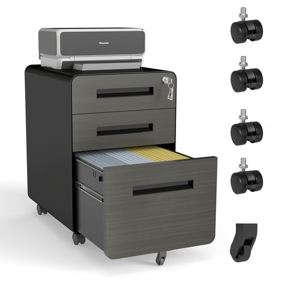 3-Drawer Mobile File Cabinet with Lock, All-Steel Metal Storage Cabinet on Casters, for Home & Office,Black, Fully Assembled, Holds A4/Letter Files