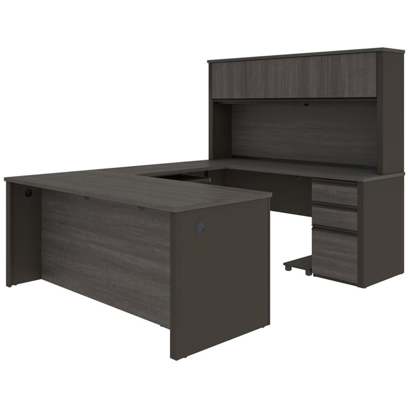 Bestar Prestige Plus 6 Piece U Shaped Computer Desk with Hutch in Bark Gray