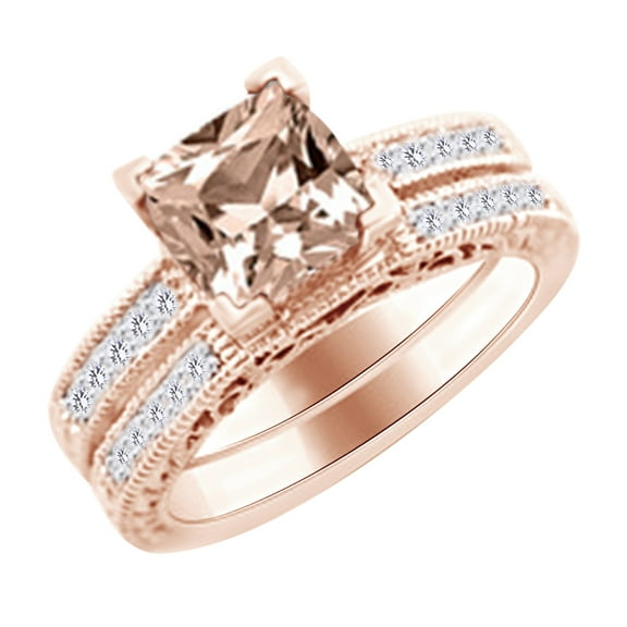 AFFY (2.35 cttw) Simulated Pink Morganite & White Diamond Engagement Wedding Ring Set In 14k Rose Gold With Ring Size -4