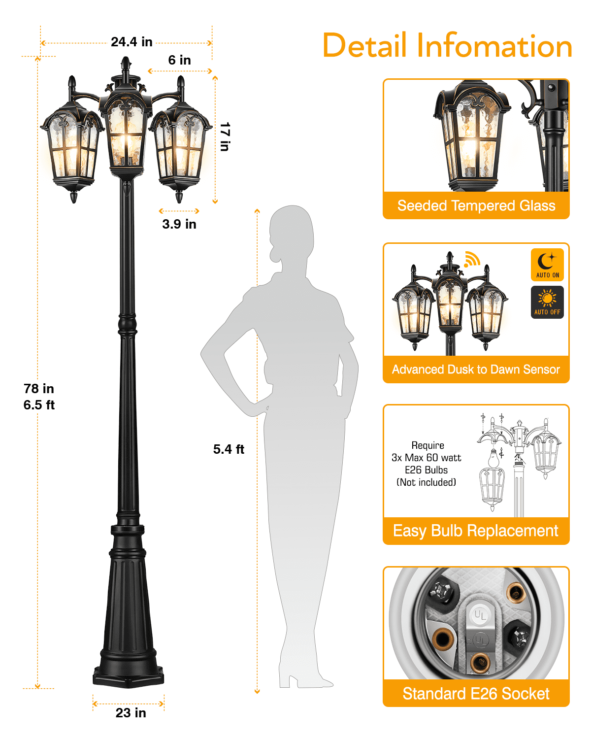 VIANIS Outdoor Post Lights Dusk to Dawn, Anti-Rust Vintage Lamp Posts Outdoor Lighting, 3-Head Aluminum Outdoor Street Fixture with Ripple Glass, Exterior Pole Lights for Yard Garden Driveway