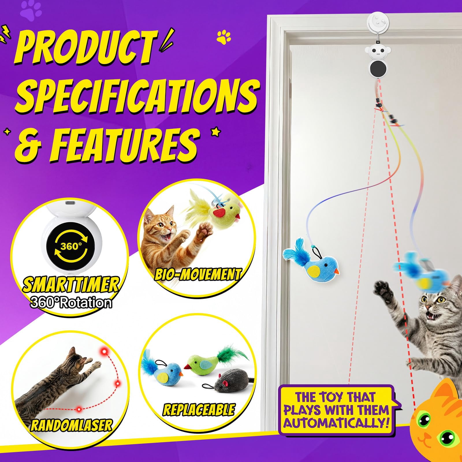 Interactive Cat Toys For Indoor Cats: 2 In 1 Pointer With Automatic Flying Bird & Mouse Wand  Smart Motion Mode Adjustable Speed Usb Rechargeable Safe Bored Kittens And Adult Cats