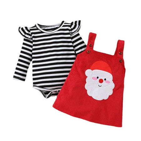 

EUMODR 12Month Baby Girl Clothes 6 Month Birthday Outfit Girl Xmas Toddler Kids Baby Girls Long Ruffled Sleeve Striped Romper Bodysuit Cute Cartoon Princess Dress Suspender Skirt Outfits Set 2Pcs