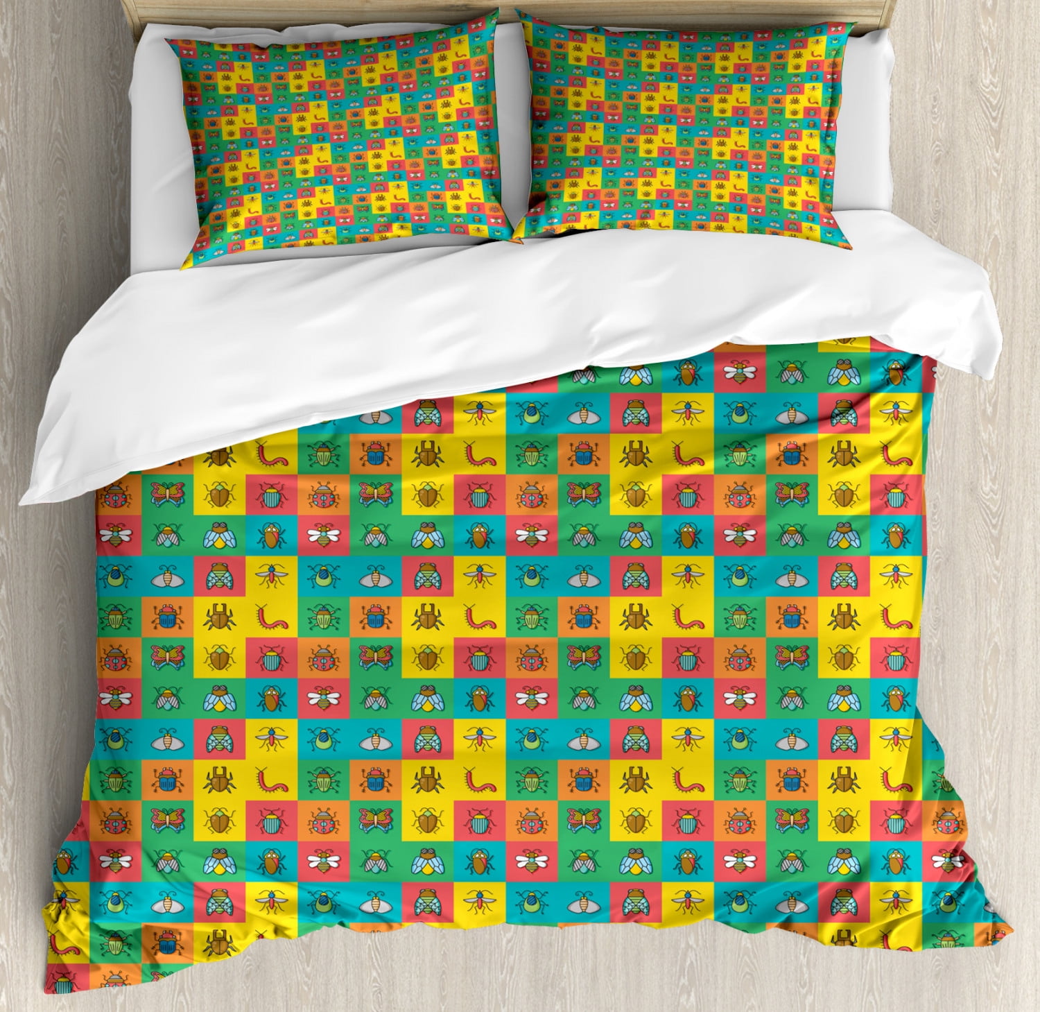 Colorful Duvet Cover Set King Size Cartoon Image Of Bugs As