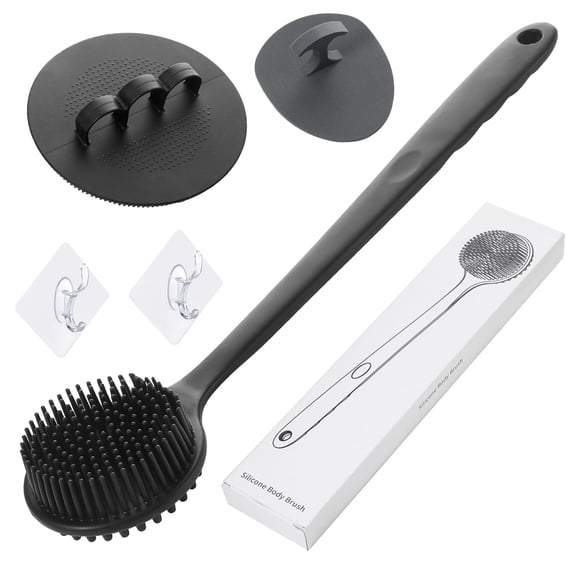 Abaima 3-Pack Silicone Back Scrubber Set with 14" Long Handle, Body and Face Brushes 2 Hooks - Deep Exfoliating and Lathering Massage Combo for Women Men Home and Travel