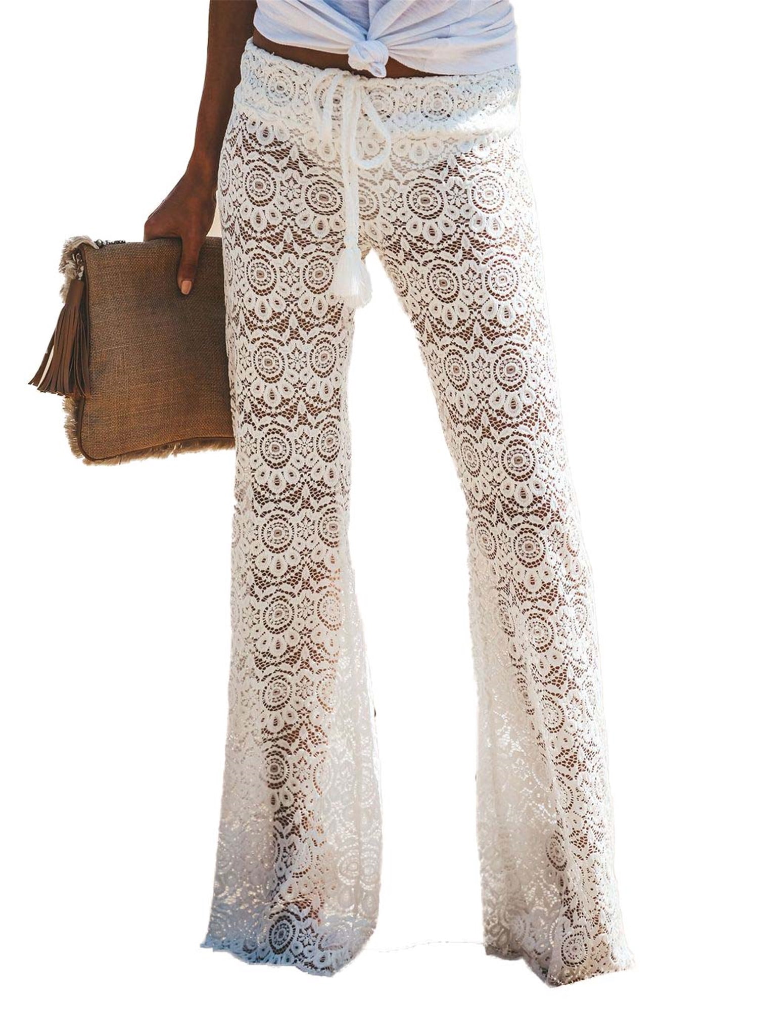 Zaxarra Boho Women Loose Wide Leg Beach Summer Crochet Sheer Cover Up Pants, Women's, Size: Medium, White