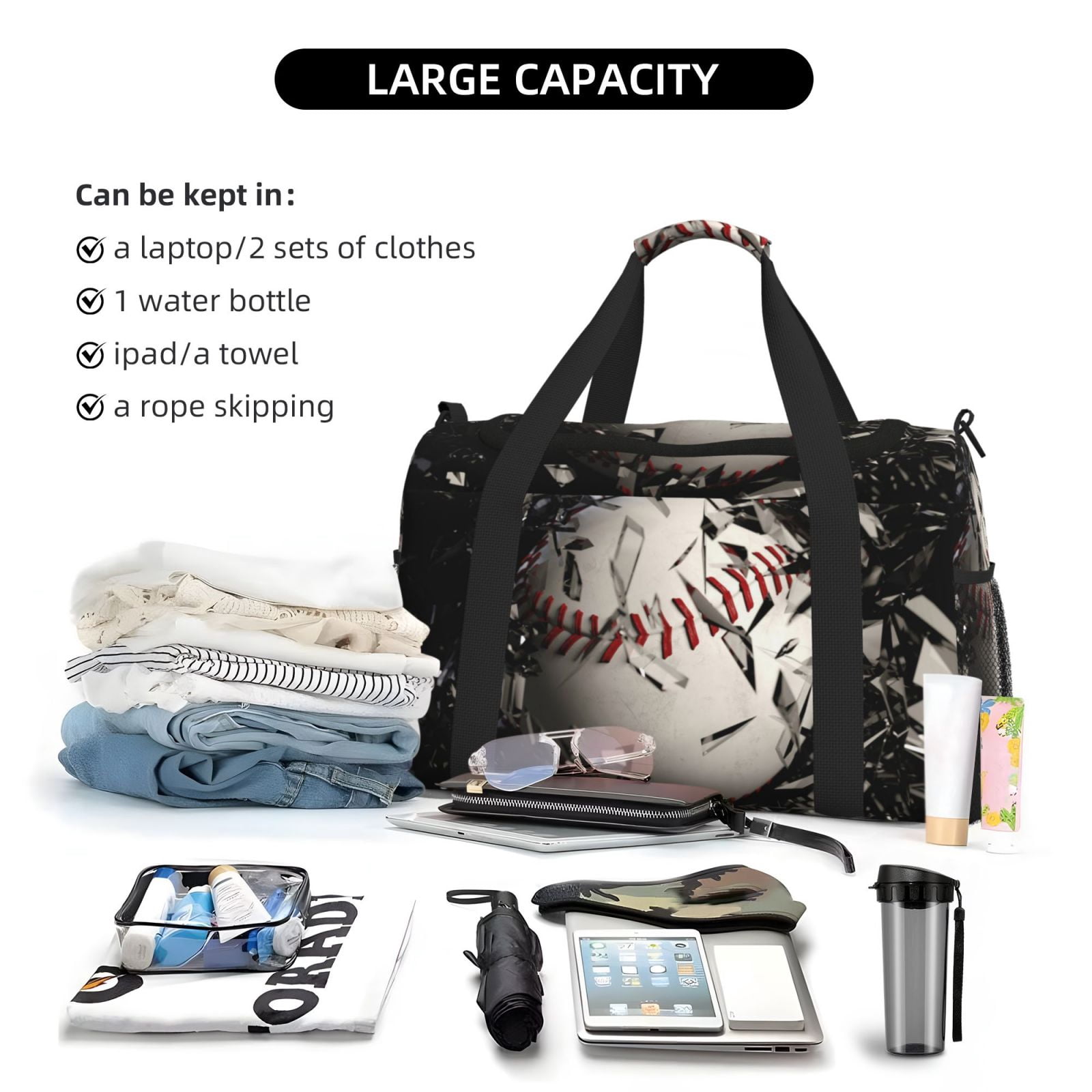 Rateoe Baseball Breaking Glass Pattern Gym Bag for Women, Duffle Bag for Travel with Wet Pocket, Carry on Weekender Bags for Women, Water Resistant Travel Bag Duffel Bag