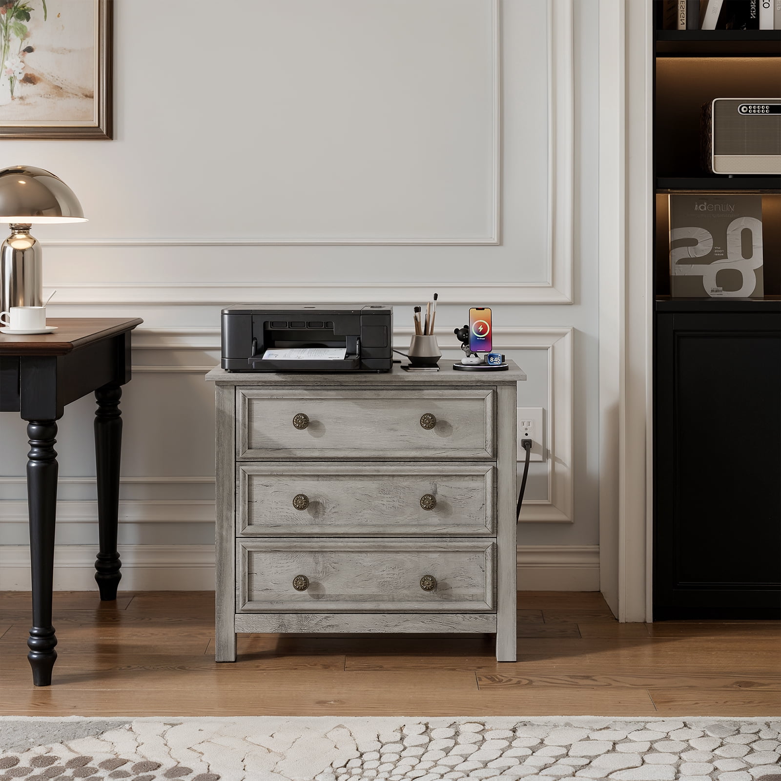 Holliwill 26.7" Wide Nightstand Set of 2 with Charging Station, Farmhouse Nightstands with 3 Drawers, End Table Bedside Table for Bedroom Enrtyway Living Room, Gray