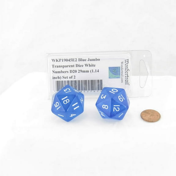 Blue Jumbo Transparent Dice with White Numbers D20 29mm (1.14 inch) Set of 2 Wondertrail
