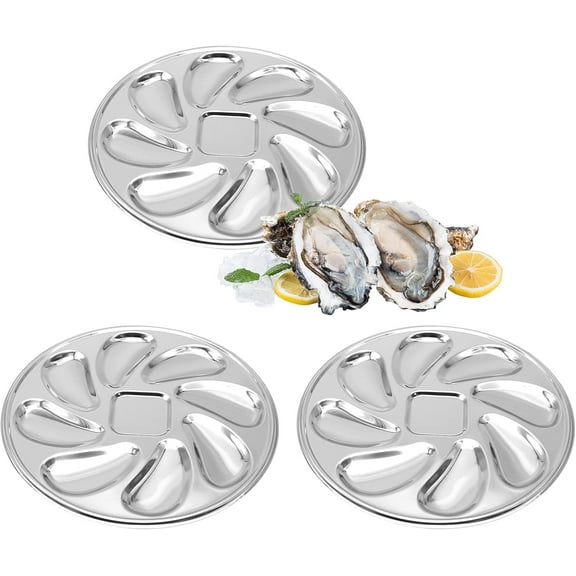 ABCISI 3 Pack Oyster Plate, Stainless Steel 8 Slots Oyster Grill Pan with Center Slot Multi-Functional Grill Pan for Oysters and Scallop, Sauce and Lemon(Silver)
