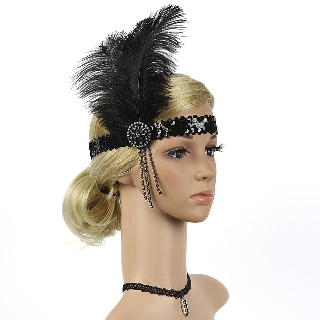 Diamante Wedding Headband Feather Headwear Flapper Gold Stretched Headpiece 