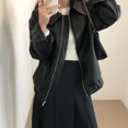 thumbnail image 6 of Women Jacket Faux Leather Smooth Surface Turn-down Collar Zipper Closure Stretchy Hem Long Sleeves Motorcycle Coat Travel Outerwear, 6 of 7