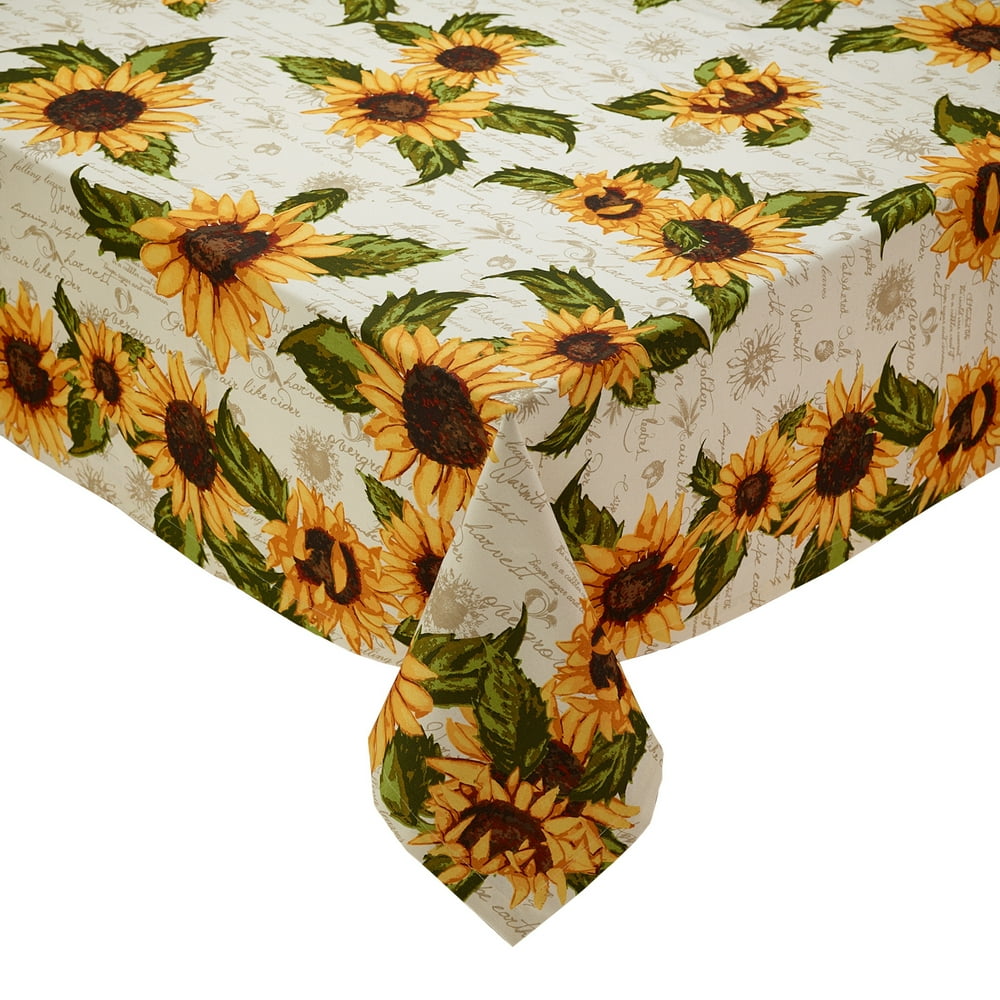 60" x 84" White with Sunflower Print Design Rectangle Cotton Tablecloth