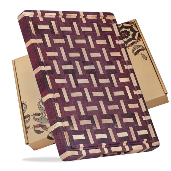 YOUSUNLONG Purple Heart Wood End Grain Cutting Board, 20"L x 16"W x 1.5" Thick, Butcher Block with Juice Groove & Hand Grip