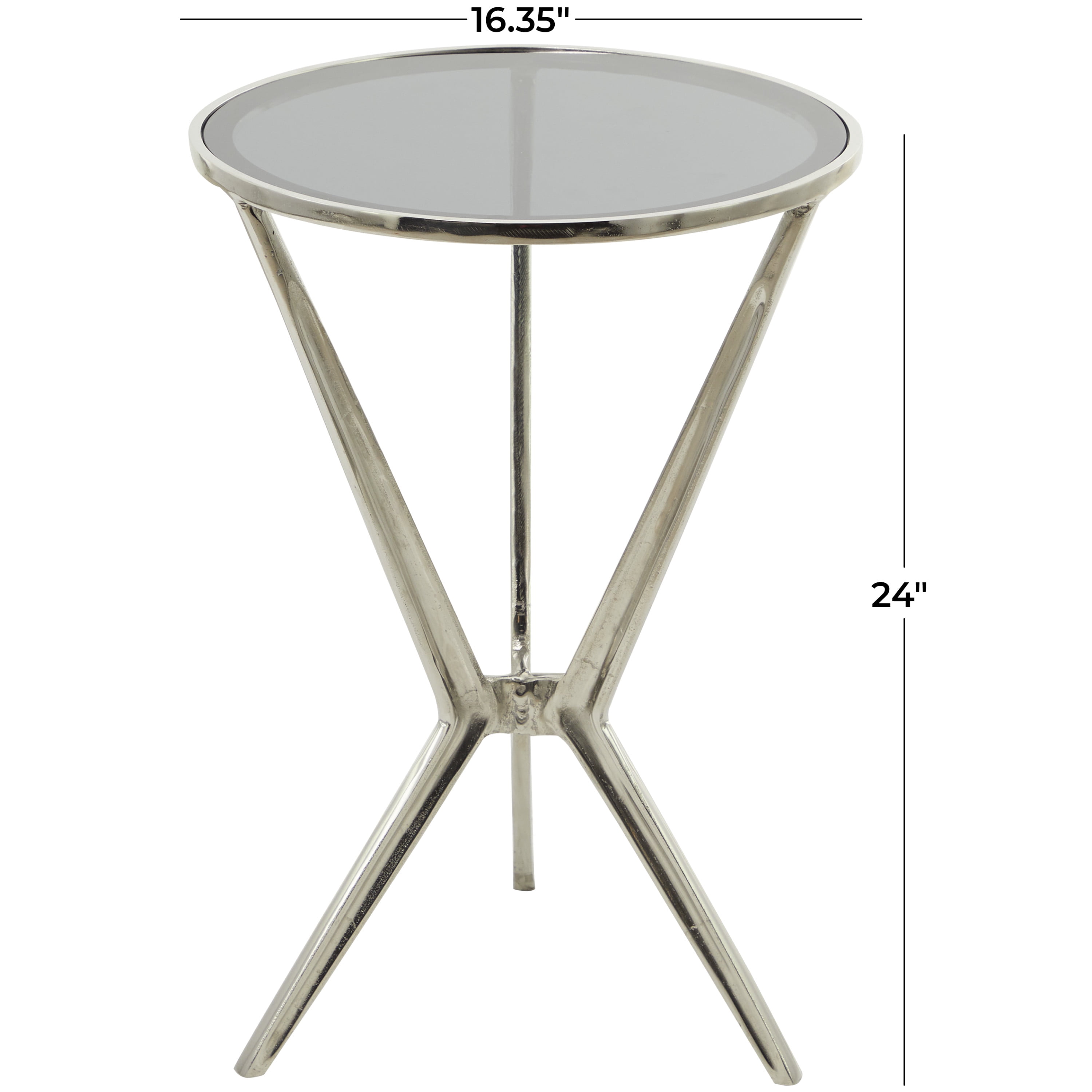 DecMode Modern Aluminum Hourglass Inspired with Round Glass Top Accent Table, 16"W x 24"H with Polished Silver and Frosted Glass Finish