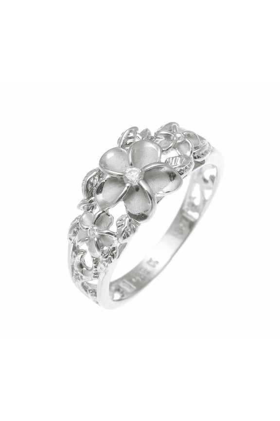 Sterling silver 925 Hawaiian 3 plumeria flower cz ring maile cut out scroll rhodium plated size 8.5