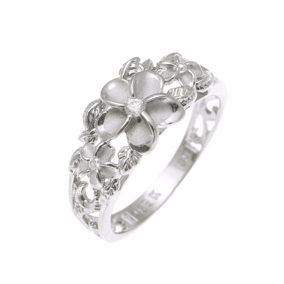 Sterling silver 925 Hawaiian 3 plumeria flower cz ring maile cut out scroll rhodium plated size 3
