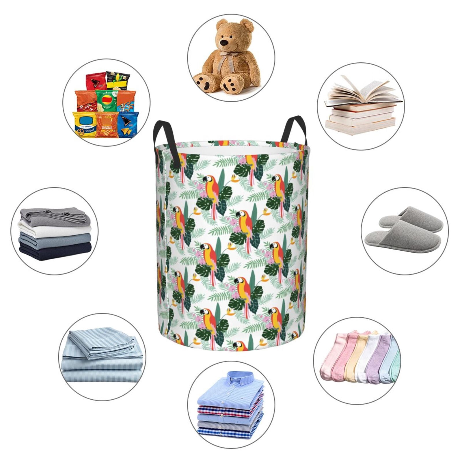 Large Laundry Basket with Handles - Colorful Parrot Flower Palm Leaf Kids Baby Dirty Clothes Laundry Hamper for Bedroom Aesthetic