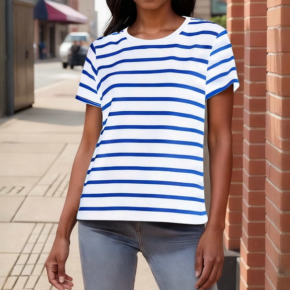 HOMBOM Womens Spring Tops Blue Crewneck Striped Basic Soft Loose T Shirts for Ladies Graphic
