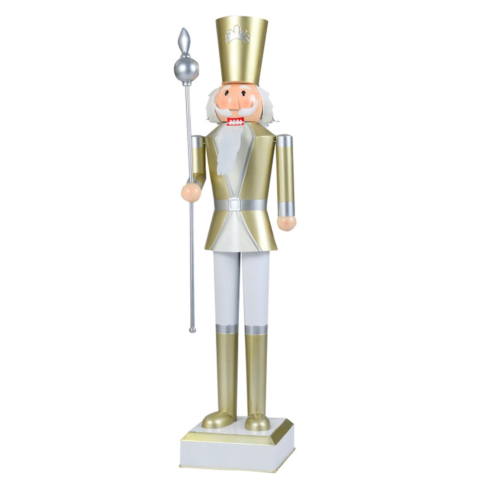RUIE 4FT Christmas Nutcracker with High Hat and Scepter, White & Golden Metal Nutcracker Soldier with Hidden Storage for Indoor Outdoor Holiday