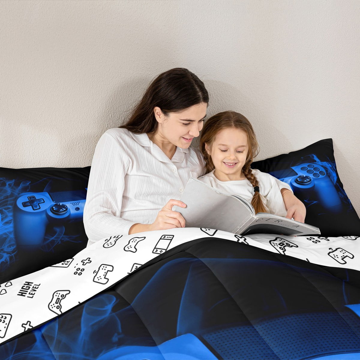 Erosebridal Blue Gaming Comforter Set Queen Size Gamer Comforter Teens Video Game Decor Bedding Set 3 Piece Console Game Controller Quilted Duvet Set Soft Black