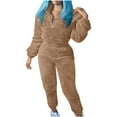 thumbnail image 2 of YOIAVAIOY 2 Piece Tracksuit Sets for Women Fuzzy Fleece Loungewear V Neck Pullover and Joggers Flush Sets Loose Fit Casual Matching Solid Outfit Khaki M, 2 of 8