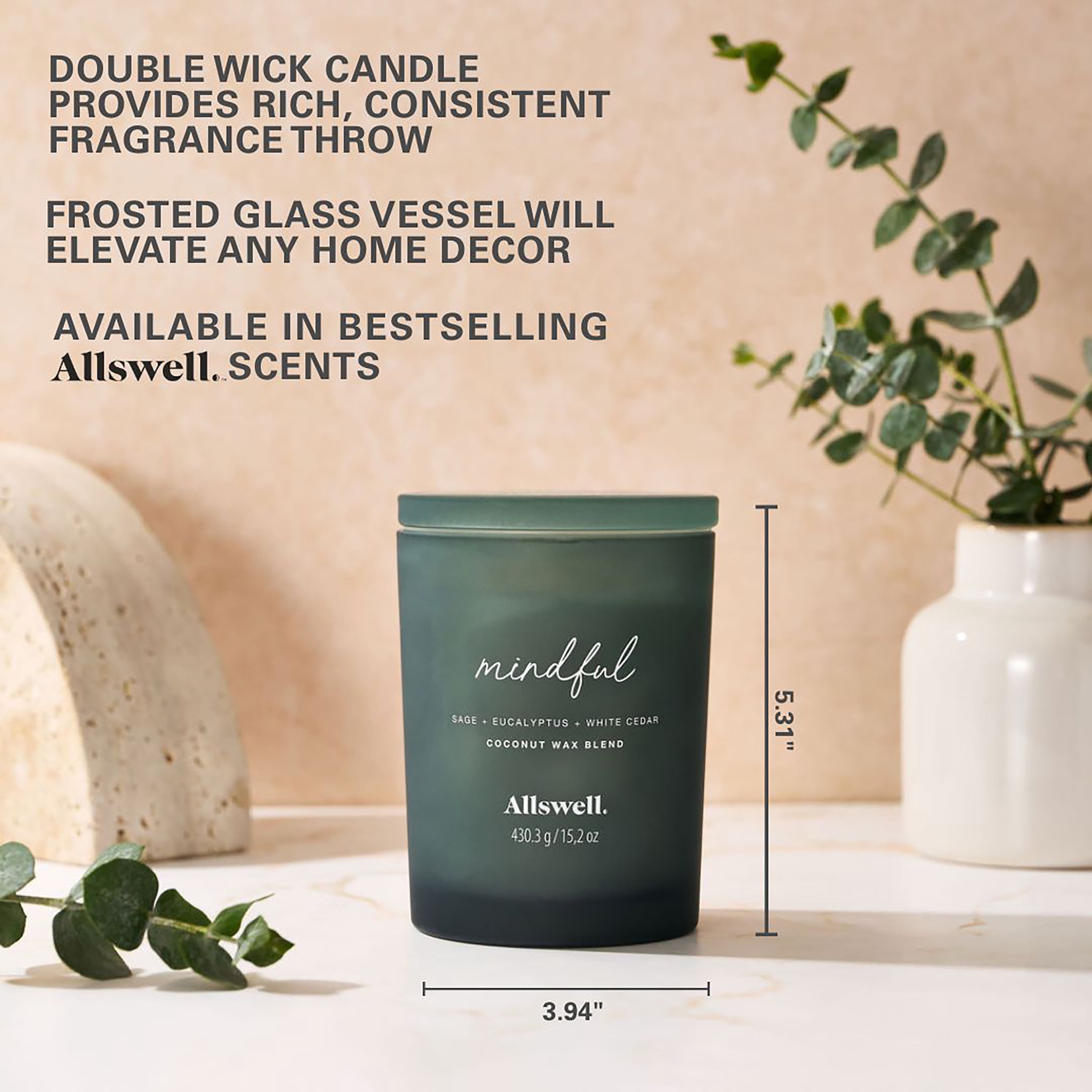 Allswell Mindful (Sage + Eucalyptus + White Cedar) Scented 2-Wick Spa Jar Candle 15oz.