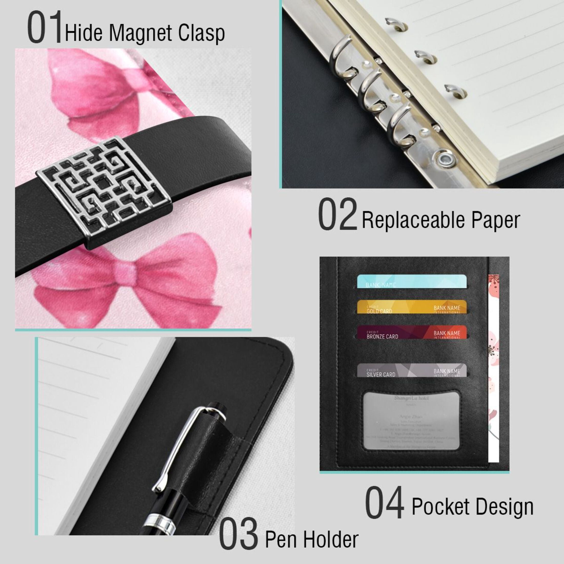 Leather Planner Leather Notebook Notebook Journal Binder Design Pen Pocket Design Convenient for Storage Valentine's Day Bow
